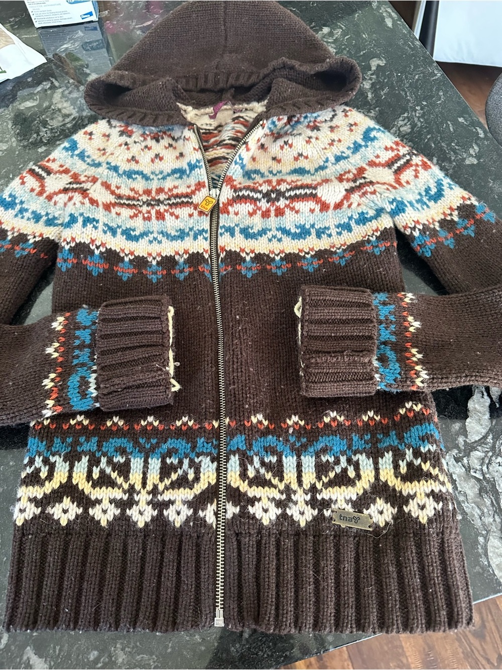 Aritzia Tna Vintage Lambswool Zip-up Hooded Sweater Brown Patterned XXS